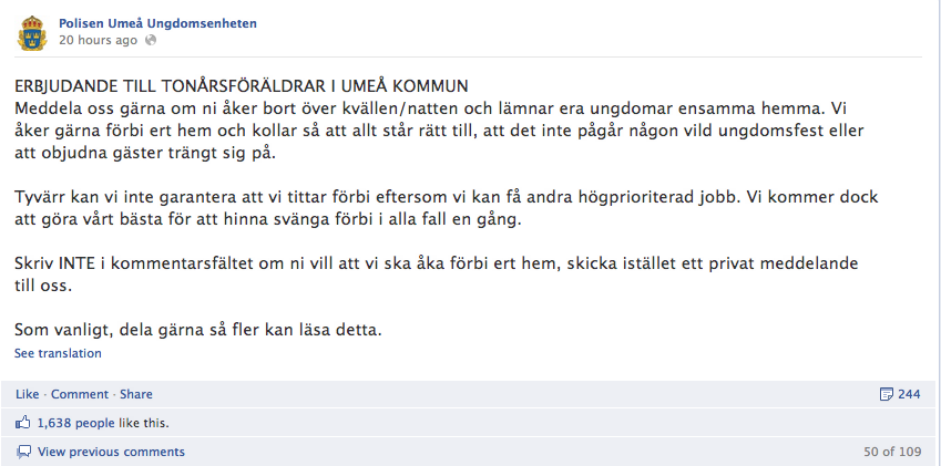 Facebook, Ungdomsfest, Polisen, Umea